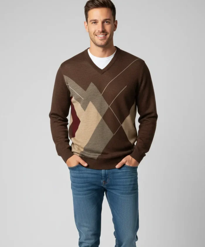 Men’s Reversible Brown and Beige Sand V-Neck Patterned Knit Sweater