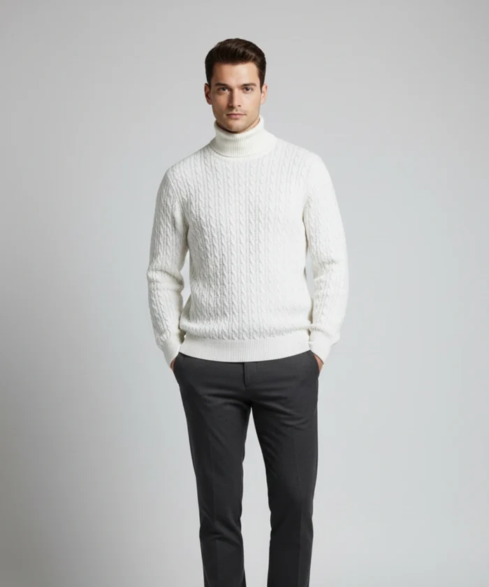 Off-white-cream white premium cable knit turtleneck heavy pullover