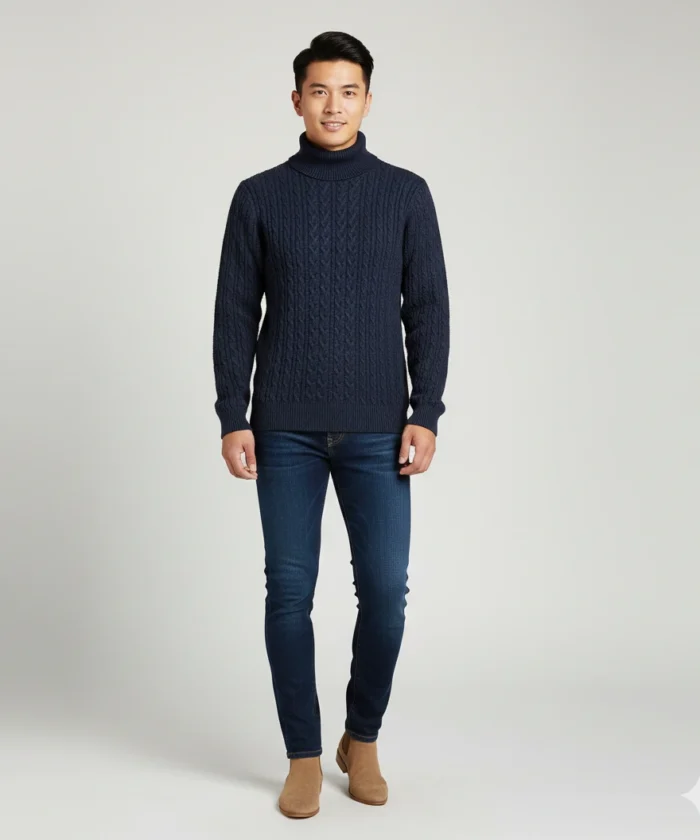Navy blue premium cable knit turtleneck pullover