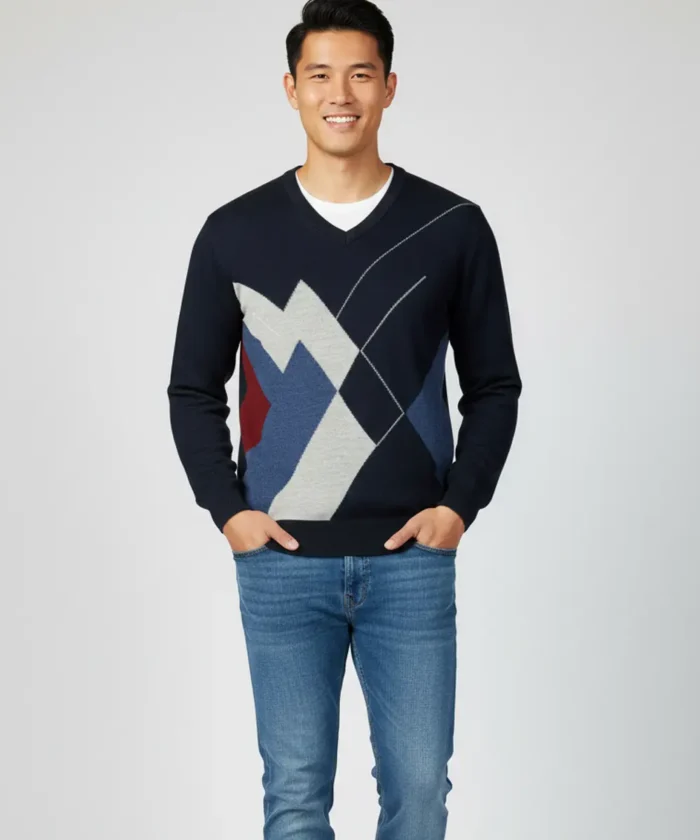 Men’s Reversible Black and Navy Blue V-Neck Patterned Knit Sweater