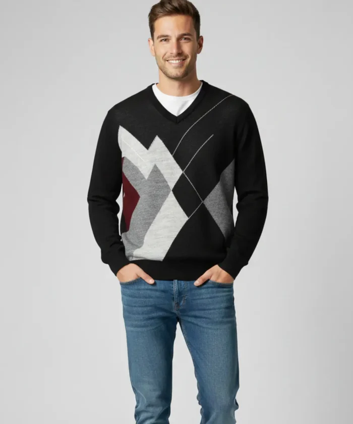 Men’s Reversible Black and Grey V-Neck Patterned Knit Sweater