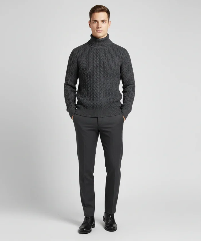 Black premium cable knit turtleneck heavy wool pullover