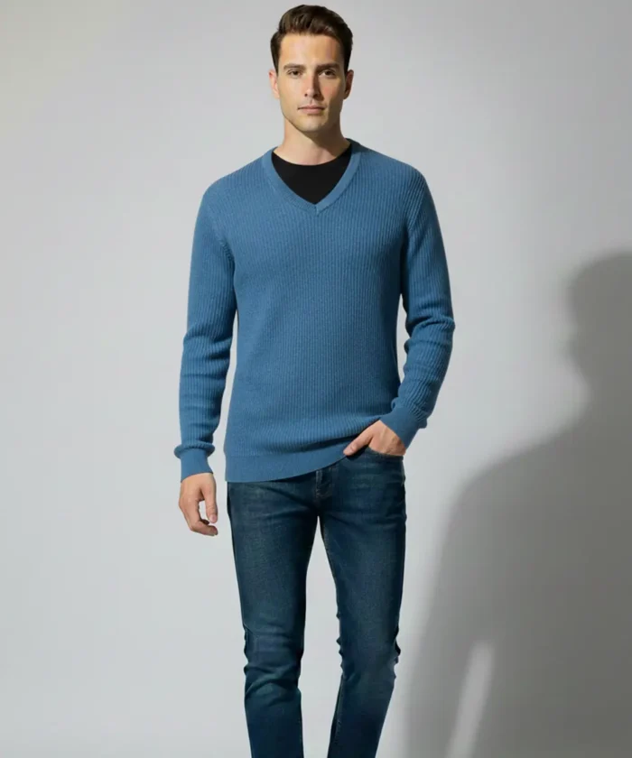 Men’s Dual-Side Reversible Blue and Black V-Neck Patterned Knit Sweater