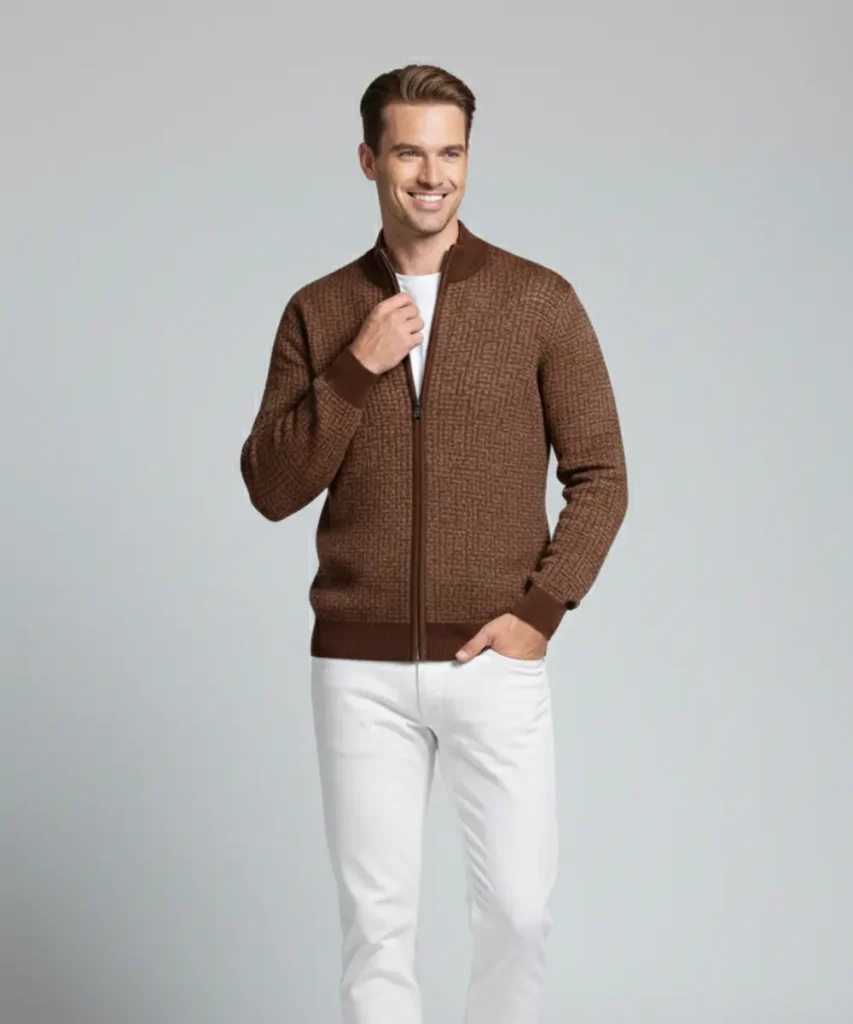 Men's Chocolate Brown Textured Pattern Zip-Up Knit Sweater