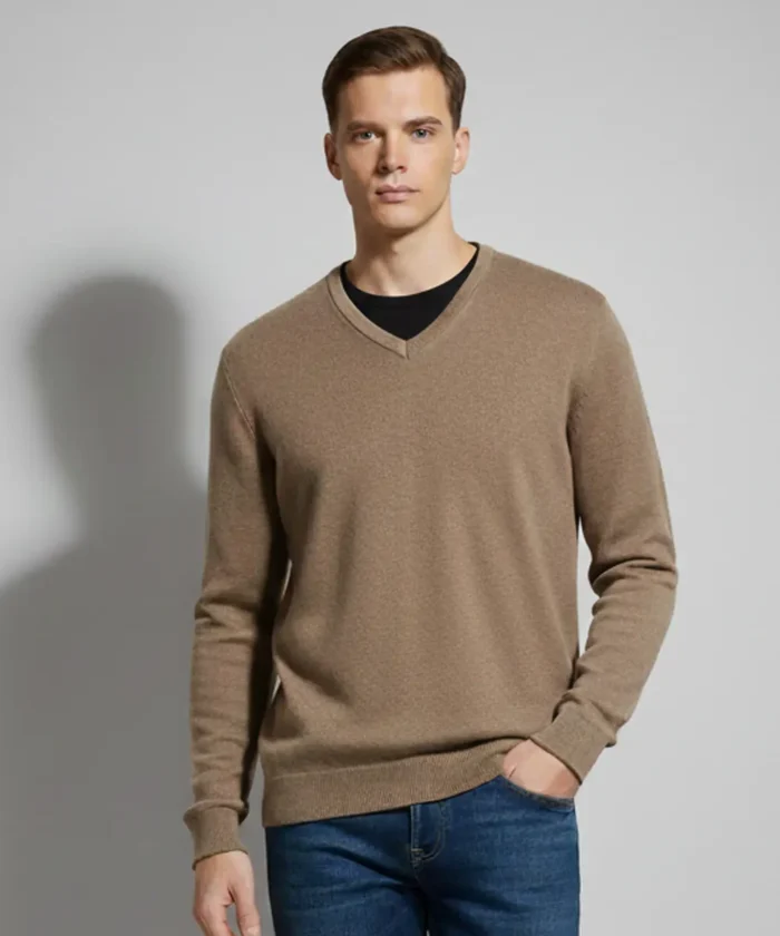 Men’s Dual-Side Reversible Brown and Black V-Neck Patterned Knit Sweater