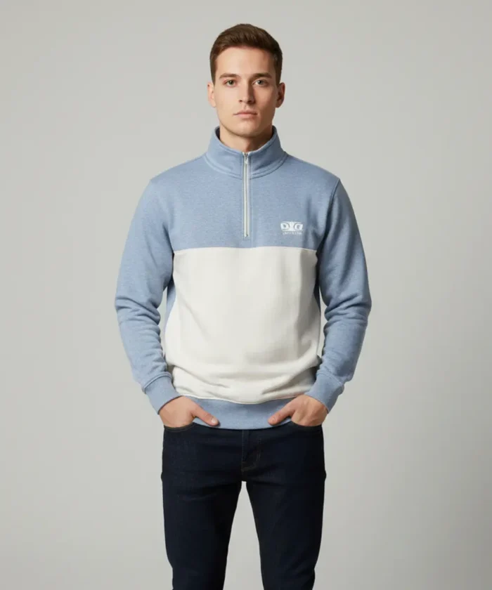Multicolor Premium Half Zip Sweatshirt with Side Pockets | Regular Fit | Ice Blue and White Casual Wear
