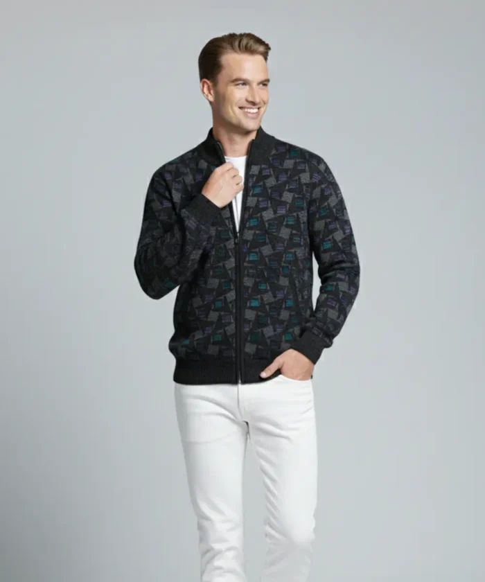 Men’s Black Geometric Pattern Zip-Up Knit Sweater