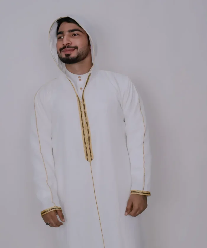 Premium Men’s Modern Thobe – WHITE WITH GOLD HOODIE