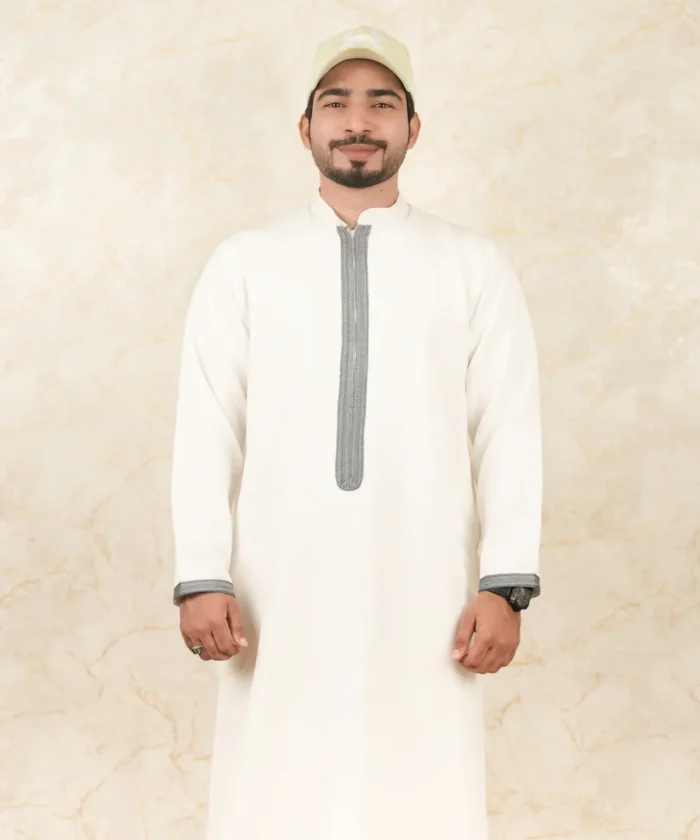Premium Men’s Modern Thobe –White and grey