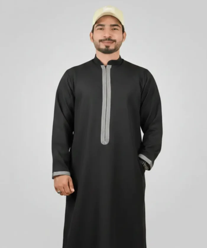 Premium Men’s Modern Thobe –BLACK WITH GREY