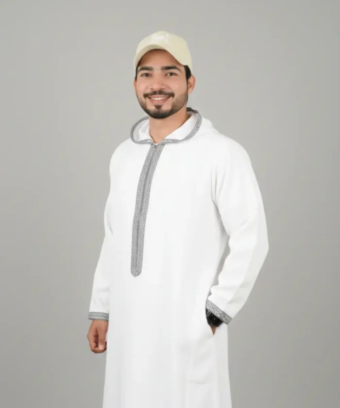 Premium Men’s Modern Thobe – WHITE WITH GREY HOODIE