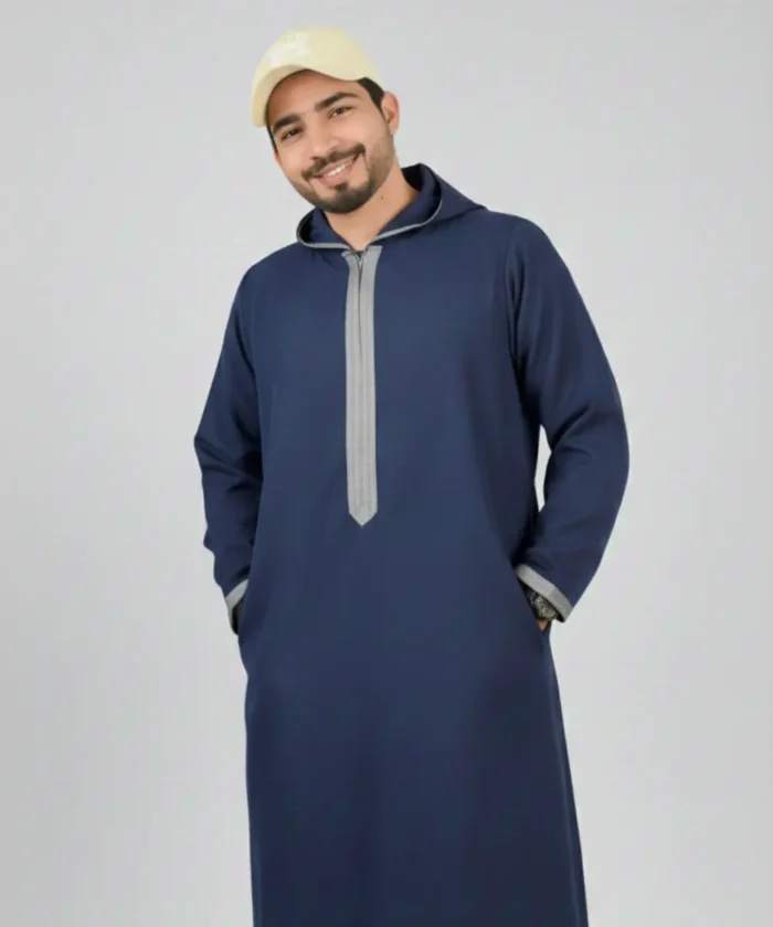Premium Men’s Modern Thobe – NAVYBLUE WITH GREY | HOODIE